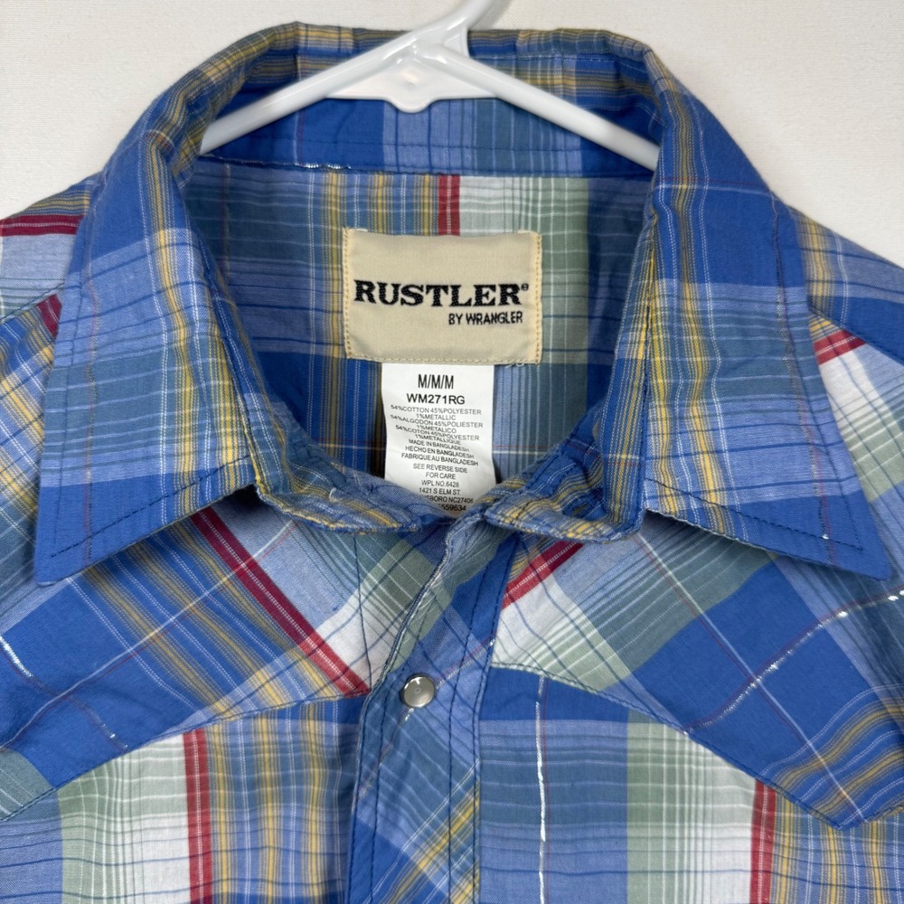 Rustler by Wrangler Mens Plaid Western Shirt Pearl‎ Snaps Short Sleeve Sz Medium